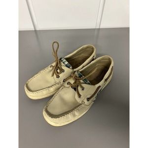 Sperry Bluefish Ivory Leather Plaid Accent Boat Shoes Size 7.5M Top Siders
